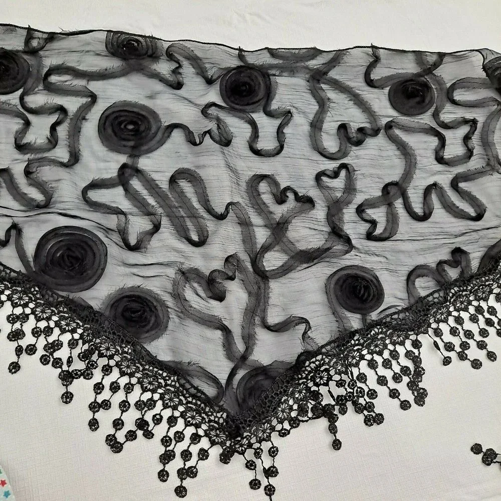 Shawl Sheer Tassel Black Swirl Ribbon Shoulder Cover Triangle 18x74 - Picture 6 of 7